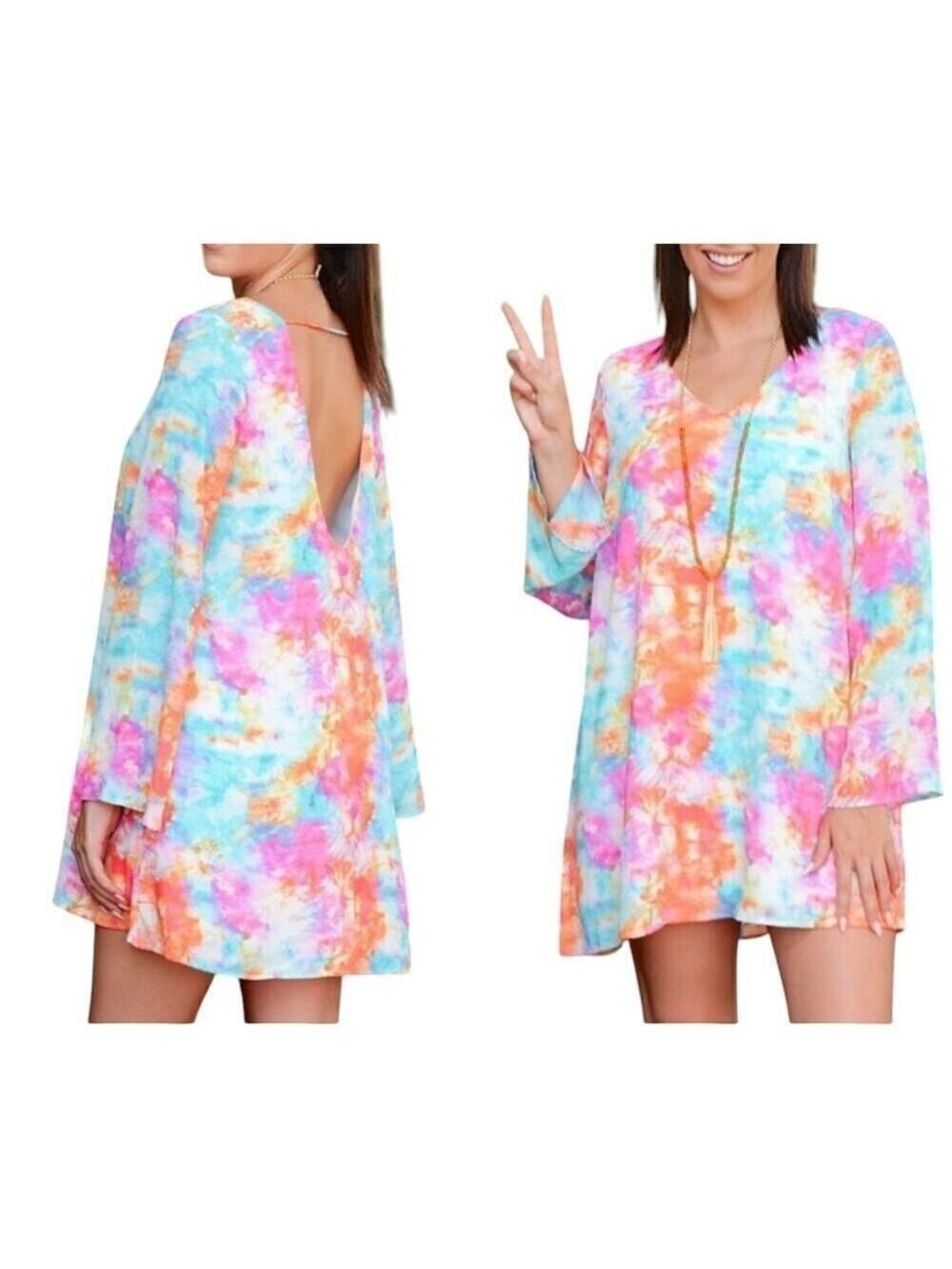 Peach Love California Pastel Tie-Dye V-Neck/Low Back Long Sleeve Mini Dress M